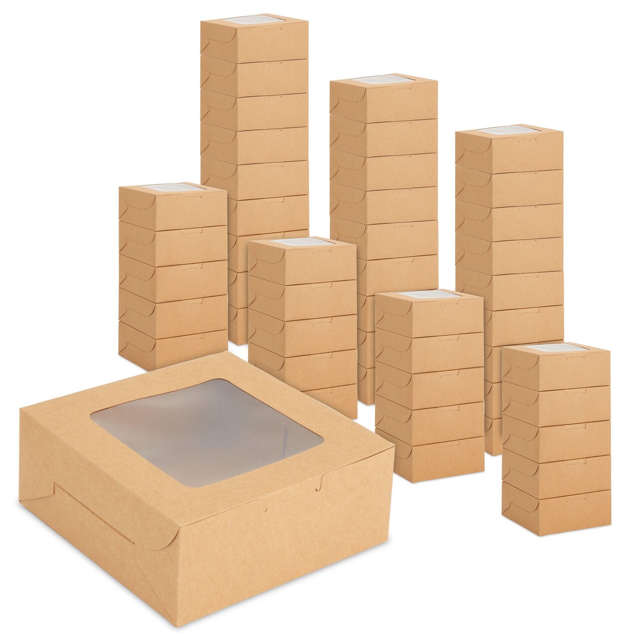 50 Pack 6x6 Dessert Boxes with Window, Bulk Bakery Containers for Cookies, Cupcakes (Kraft Paper)